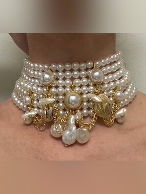 Pearl & Gold Multi-Strand Statement Choker Necklace
